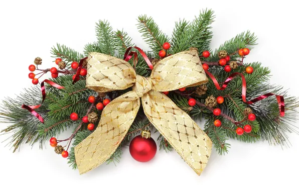 Balls, decoration, branches, red, berries, holiday, new year, white background