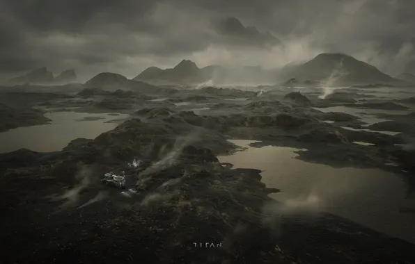 Mountains, planet, lake, titan, machinery