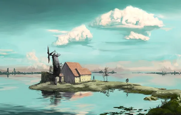 The sky, water, clouds, house, skyscrapers, horizon, windmill, the Peninsula