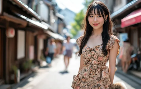 Summer, smile, girl, Asian, cutie, long hair, on the street, asian