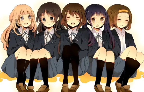 Picture girls, group, anime, tears, art, bows, flowers, Schoolgirls