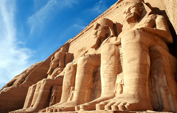 The sky, clouds, rock, temple, Egypt, statue, Abu Simbel