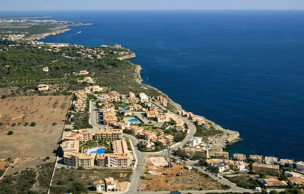 Sea, water, trees, landscape, road, Home, The city, Cala Magrana, Mallorca