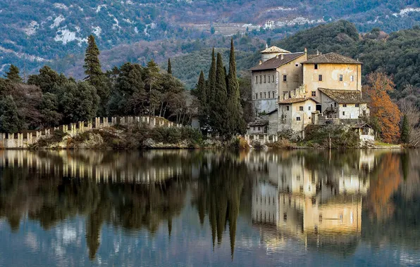 Italy, reflection, Castel Toblino, Lake Toblino, Trentino