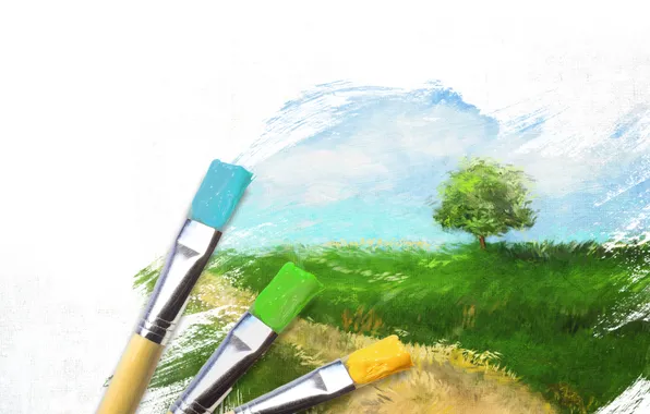 The sky, grass, tree, the wind, paint, figure, meadow, brush