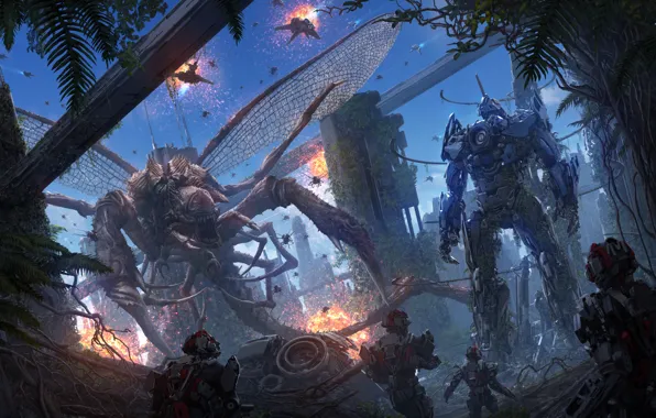 Fiction, robot, wings, monster, monster, cyborg, fight, tentacle