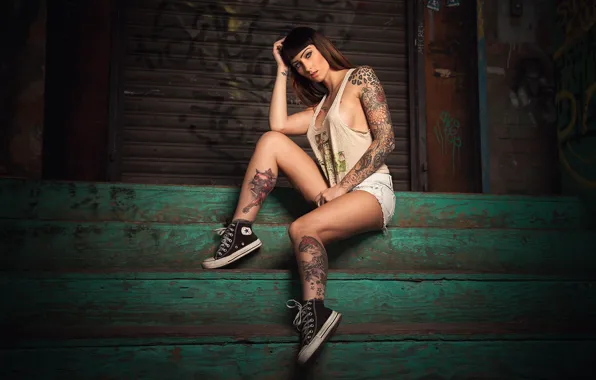 Girl, feet, sneakers, Mike, brunette, girl, tattoo, painting