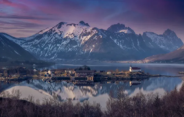 Snow, trees, mountains, branches, fog, lake, house, reflection