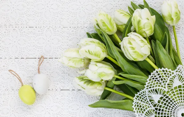 Flowers, eggs, bouquet, Easter, tulips, white, happy, wood