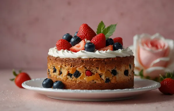 Berries, roses, blueberries, strawberry, cake, cream, AI art, neural network
