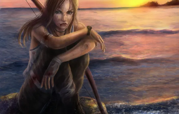 Picture sea, the sky, look, water, girl, sunset, weapons, blood