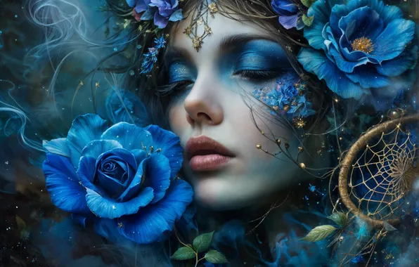 Girl, flowers, blue rose, from lietuciennica