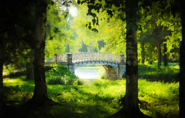 Forest, summer, bridge, nature, figure, beauty, tale, painting