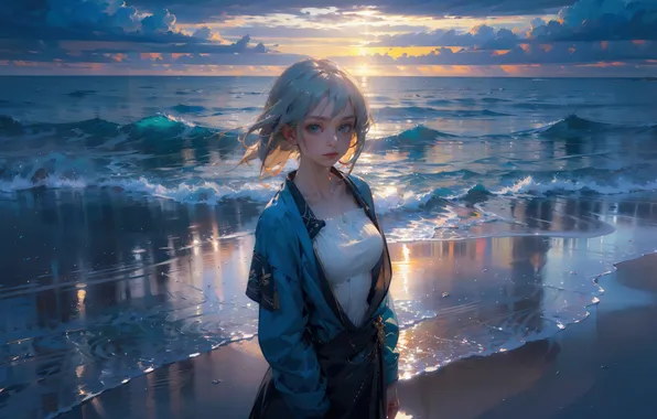 Girl, Anime, Ocean, Anime Girl, AI Art, AI Generated