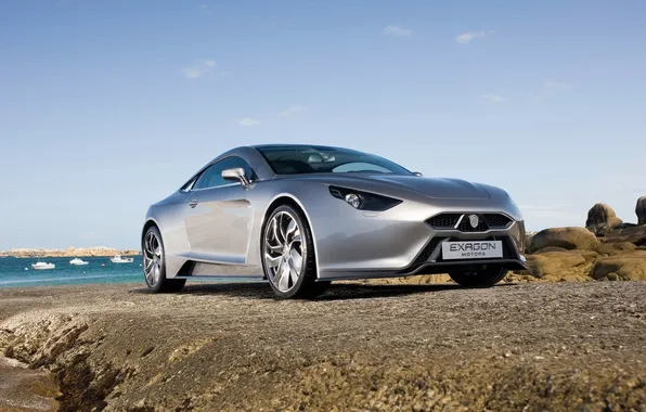 The sky, water, shore, silver, sports car, boats, Exagon, Furtive eGT