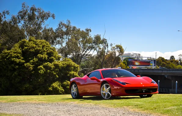Picture the sky, clouds, trees, red, reflection, lawn, red, ferrari
