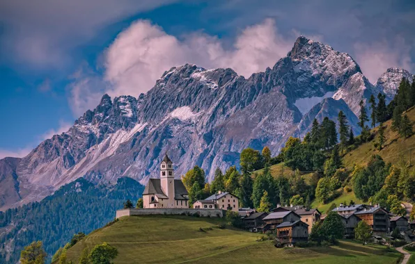 Trees, mountains, home, slope, Italy, Church, Italy, The Dolomites