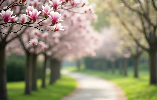Picture trees, Park, spring, Sakura, alley, flowering, trees, pink