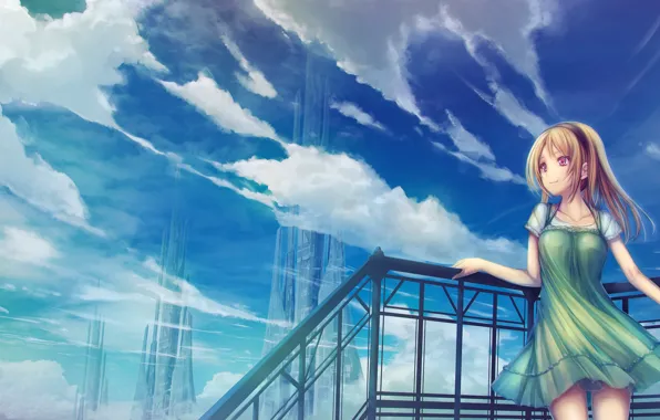 The sky, Clouds, Girl, Roof