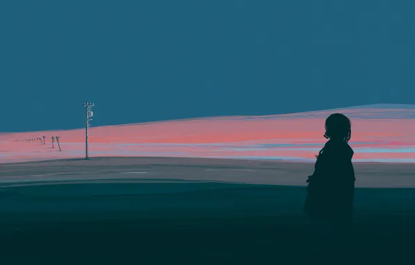 The wreckage, girl, power lines, desert
