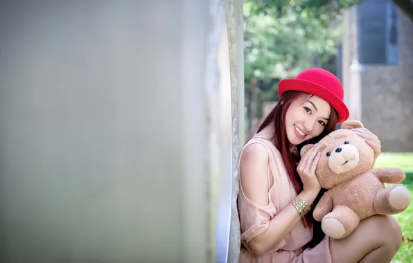 Girl, smile, bear