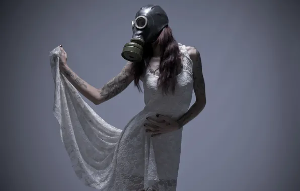 Girl, tattoo, gas mask