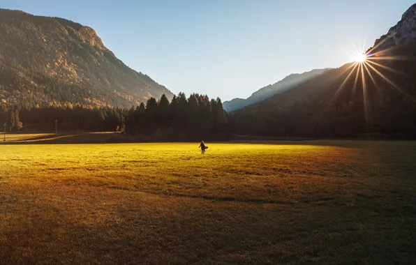 Picture field, the sky, girl, the sun, mountains, back