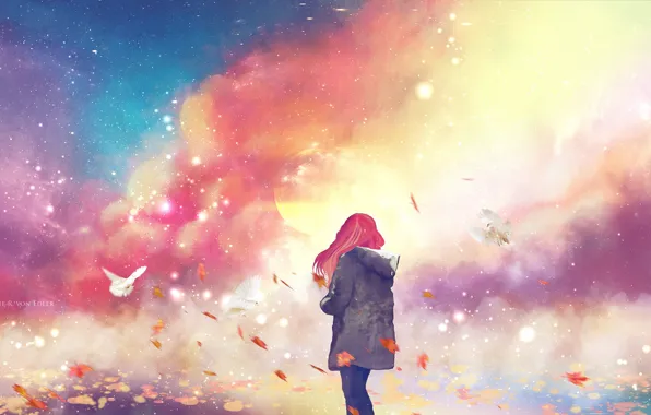 Color, Girl, Dove, Bird, Birds, Girl, Pigeons, Fantasy
