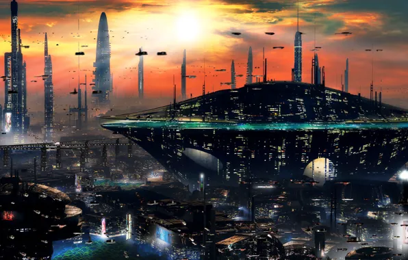 Picture sunset, the city, future, skyscrapers, sci-fi