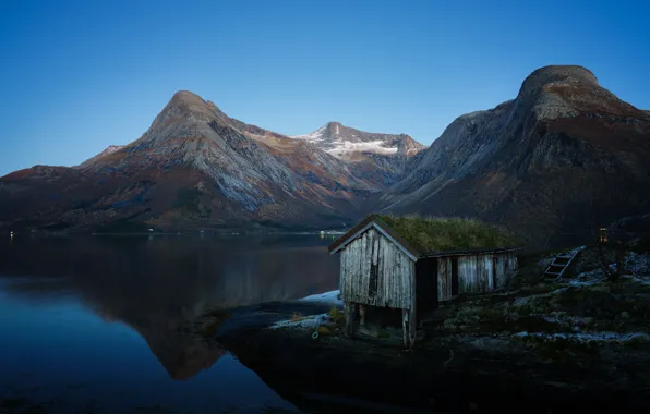 Picture mountains, lake, shed