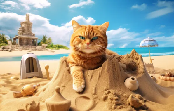 Sand, sea, cat, cat, look, clouds, pose, blue