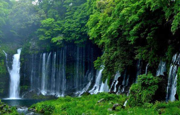 Picture greens, trees, nature, Japan, waterfall, Fujinomiya, Lake Tanuki