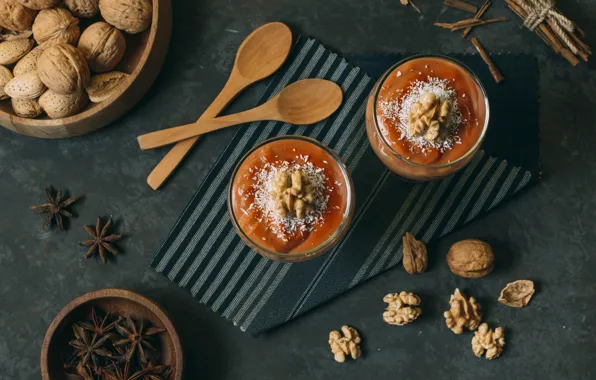 Spoon, fabric, nuts, cinnamon, dessert, nuts, sweet, spices