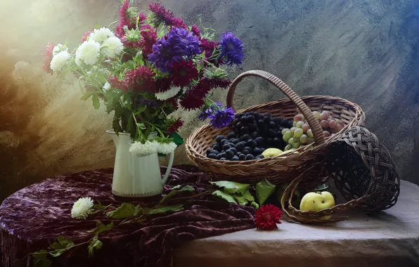 Flowers, table, bouquet, grapes, still life, basket, items, composition