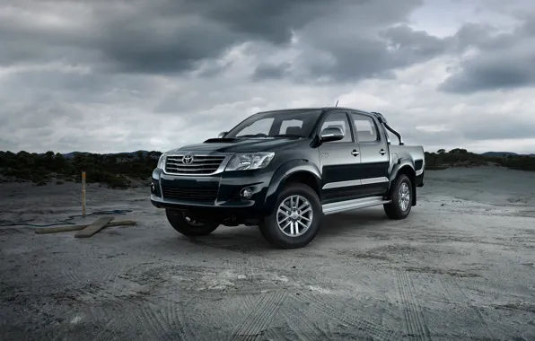 Sand, traces, clouds, car, Toyota Hilux
