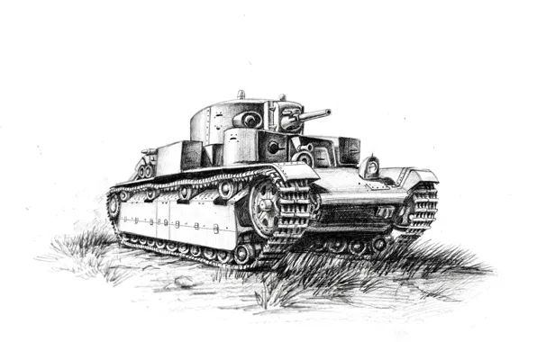 Art, tank, pencil, Soviet, average, T-28, black and white drawing