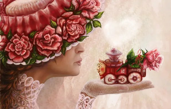 Picture girl, flowers, roses, hat, art, profile, train, painting