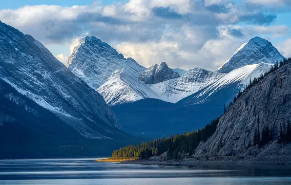 Picture sea, the sky, the sun, clouds, trees, mountains, rocks, shore