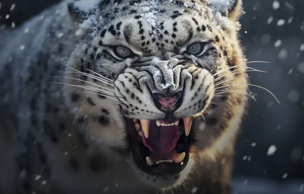 Look, Mouth, Fangs, Face, Predator, Snow leopard, Digital art, Big cat