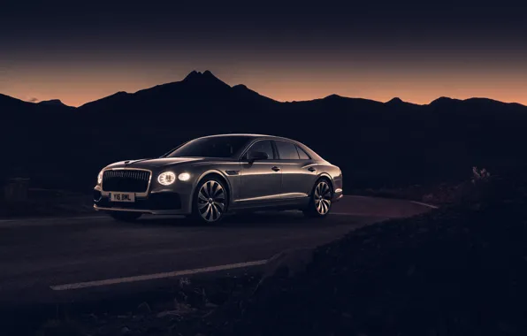 Sunset, lights, Bentley, the evening, twilight, Flying Spur, 2020, Blackline