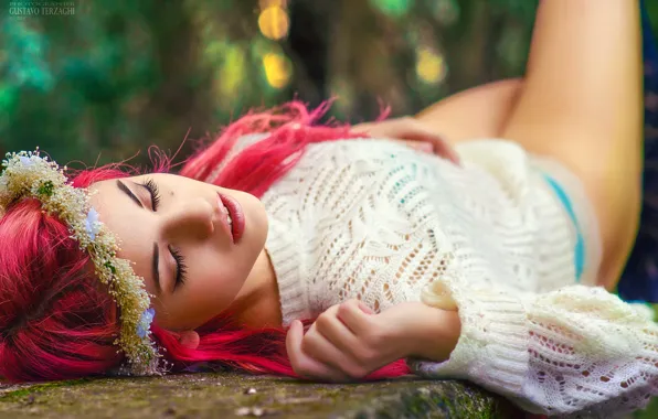 Pose, model, portrait, makeup, hairstyle, lies, legs, beauty