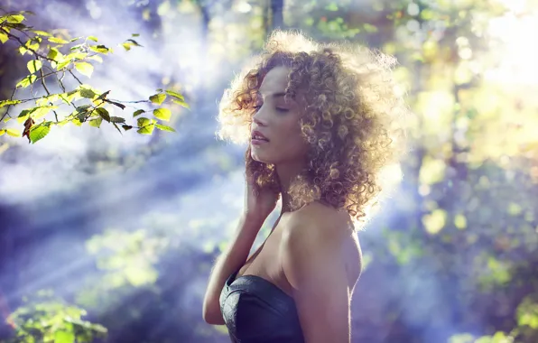 Girl, trees, branches, lighting, the sun's rays