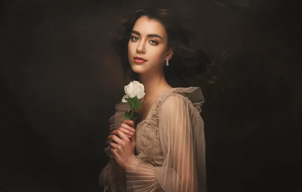 Picture white, look, girl, face, the dark background, portrait, roses, earrings