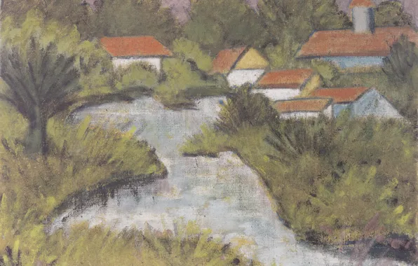 River, home, the bushes, Expressionism, Otto Mueller, ca1929, Red Roofs -