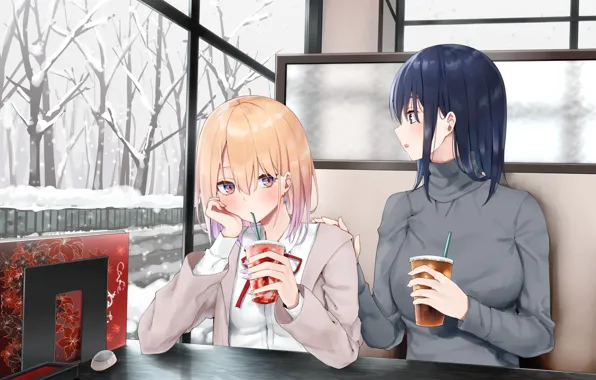 Table, girls, window, cafe, glasses, cocktails, tube