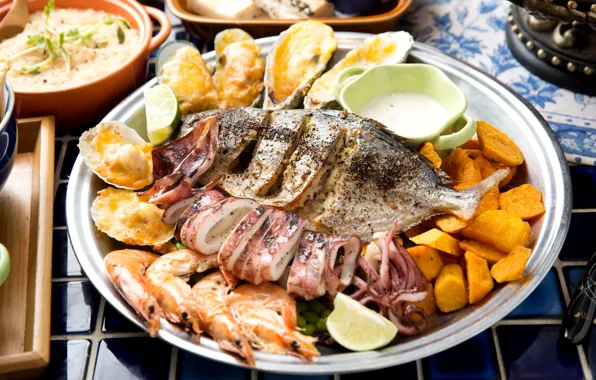 Picture fish, shrimp, mussels, squid, sweet potato