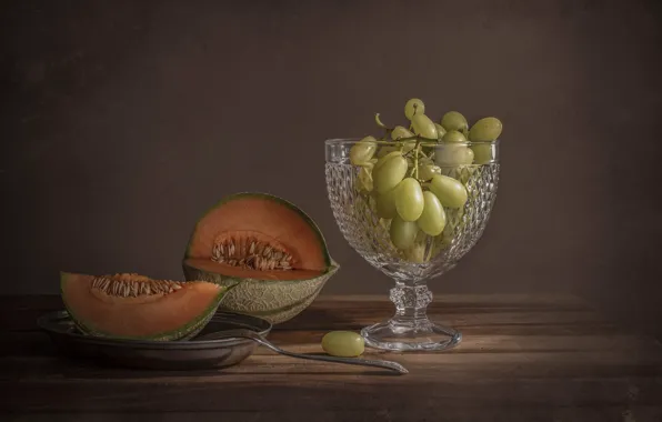 Glass, grapes, plug, still life, melon, vase