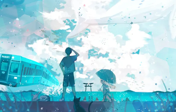 Cat, the sky, water, girl, train, kit, guy, torii