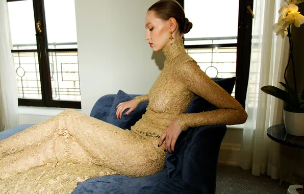 Decoration, Sophie, sexy, cute girl, model posing, sitting in a chair, Marie Dashkova, Transparent dress