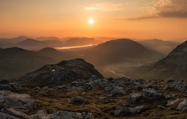 The sun, clouds, landscape, mountains, nature, fog, river, stones